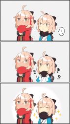Rule 34 | ..., 2girls, 3koma, adjusting scarf, ahoge, beige background, bow, breasts, chibi, cleavage, cleavage cutout, closed eyes, clothing cutout, comic, commentary request, expressive hair, fate/grand order, fate (series), hair between eyes, hair bow, hair ornament, highres, japanese clothes, long sleeves, multiple girls, okita souji (fate), okita souji (koha-ace), okita souji alter (fate), okita souji alter (first ascension) (fate), pekeko (pepekekeko), pout, scarf, sleeveless, sparkle, spoken ellipsis, tan, translation request, wide sleeves, yellow eyes