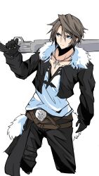 Rule 34 | 1boy, belt, black gloves, black jacket, black pants, blue eyes, brown belt, brown hair, chain necklace, cowboy shot, crazy02oekaki, cropped jacket, final fantasy, final fantasy viii, fur-trimmed jacket, fur trim, gloves, gunblade, hair between eyes, highres, jacket, jewelry, long sleeves, male focus, multiple belts, necklace, over shoulder, pants, scar, scar on face, scar on forehead, shirt, short hair, solo, squall leonhart, weapon, weapon over shoulder, white background, white fur, white shirt