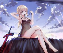 Rule 34 | 1girl, artoria pendragon (all), artoria pendragon (fate), bare legs, bare shoulders, barefoot, blonde hair, breasts, cloud, collarbone, commentary request, crossed legs, day, excalibur morgan (fate), fate/stay night, fate (series), jewelry, lingerie, long hair, looking at viewer, mouth hold, necklace, negligee, north+, outdoors, saber (fate), saber alter, see-through, sidelocks, sitting, small breasts, solo, sword, underwear, weapon, yellow eyes