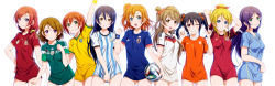Rule 34 | 10s, 2014 fifa world cup, 6+girls, adidas, alternate costume, alternate hairstyle, argentina, argentinian flag, argentinian flag print, arm up, arms behind head, arms up, asymmetrical hair, ayase eli, ball, black hair, blonde hair, blue eyes, blue hair, blush, bow, brazil, breasts, brown eyes, brown hair, clenched hand, clenched hands, clenched teeth, collarbone, covering crotch, covering privates, cowboy shot, double m/, flag print, germany, green eyes, grey hair, grin, hair bow, hair ribbon, hand on own hip, highres, holding, hoshizora rin, japan, koizumi hanayo, kosaka honoka, lineup, long hair, looking at viewer, love live!, love live! school idol project, m/, md5 mismatch, medium breasts, mexico, minami kotori, multiple girls, naked shirt, netherlands, nike (company), nishikino maki, one eye closed, open mouth, orange hair, ponytail, purple eyes, purple hair, red eyes, red hair, ribbon, rising sun flag, russia, shian (my lonly life.), shirt, short hair, short sleeves, side ponytail, simple background, small breasts, smile, soccer, soccer ball, soccer uniform, sonoda umi, spain, sportswear, striped clothes, striped shirt, sunburst, sweatband, teeth, tojo nozomi, twintails, uruguay, vertical-striped clothes, vertical-striped shirt, white background, wink, world cup, wristband, yazawa nico, yellow eyes