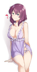 Rule 34 | arm support, blue eyes, blush, breasts, cleavage, collarbone, frills, hair between eyes, heart, henrietta de tristain, large breasts, lingerie, looking at viewer, multiple girls, negligee, purple hair, ribbon, saruno (eyesonly712), short hair, simple background, sitting, smile, solo, underwear, white background, white ribbon, zero no tsukaima