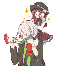 Rule 34 | 10s, 1boy, 1girl, aged down, black hat, blue eyes, carrying, dezel (tales), hat, open mouth, piggyback, red hair, rose (tales), short hair, shoulder carry, smile, tales of (series), tales of zestiria, white hair, yanzhan