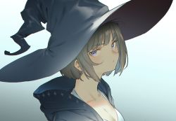 Rule 34 | black hat, blue background, blue eyes, breasts, cleavage, closed mouth, collarbone, earrings, from side, gradient background, hat, hood, hood down, jewelry, looking at viewer, looking to the side, medium breasts, mogumo, open clothes, original, short hair, simple background, solo, stud earrings, sweat, upper body, v-shaped eyebrows, witch hat