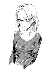 Rule 34 | 1girl, breasts, character request, closed mouth, commentary request, glasses, greyscale, kotoyama, long hair, monochrome, original, simple background, solo, white background