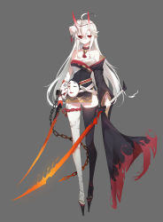 Rule 34 | 1girl, absurdres, ahoge, asymmetrical legwear, bare shoulders, bell, belt, choker, commentary request, dual wielding, fox mask, full body, hair between eyes, highres, holding, holding sword, holding weapon, horns, japanese clothes, katana, long hair, long sleeves, looking at viewer, luckyes, mask, mask on head, mismatched legwear, mismatched sclera, neck bell, noh mask, oni, oni horns, original, red eyes, sarashi, sidelocks, solo, standing, sword, thighhighs, weapon, white hair, wide sleeves, zettai ryouiki