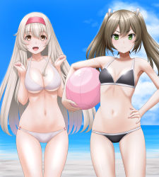 Rule 34 | 2girls, ball, beachball, bikini, black bikini, blue sky, breasts, brown eyes, cleavage, cloud, collarbone, commentary request, cowboy shot, day, flat chest, green eyes, grey hair, hairband, hand on own hip, headband, highres, kantai collection, large breasts, long hair, looking at viewer, lowleg, lowleg bikini, multiple girls, navel, outdoors, red headband, shoukaku (kancolle), sky, swimsuit, t2r, twintails, white bikini, white hair, zuikaku (kancolle)