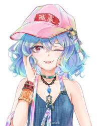 Rule 34 | 1girl, alternate costume, bare arms, bare shoulders, baseball cap, blue hair, blue tank top, breasts, chinese commentary, cleavage, commentary request, diamond necklace, eyelashes, fangs, grey choker, hair between eyes, hand in own hair, hat, light blush, looking at viewer, medium hair, mioda xi, one eye closed, open mouth, pink hat, red eyes, remilia scarlet, simple background, small breasts, smile, solo, straight-on, tank top, touhou, upper body, watermark, wavy hair, weibo logo, weibo watermark, white background, wrist cuffs