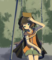 Rule 34 | 1other, :|, androgynous, baila kuangzi, black cape, black headwear, book, brown hair, cape, cine hamal, closed mouth, commentary request, green eyes, green shorts, highres, holding, holding book, kuzu suzumi, len&#039;en, open clothes, open vest, orange vest, other focus, outdoors, ribbon-trimmed shorts, ribbon trim, shirt, short hair, shorts, sitting, solo, swing, swing set, vest, white shirt