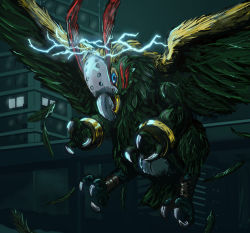 Rule 34 | artist request, bird, blue eyes, city, claws, digimon, digimon (creature), digimon adventure, electricity, feathers, flying, glowing, jewelry, looking at viewer, night, open mouth, parrotmon, ring, solo, toriattogununu, wings