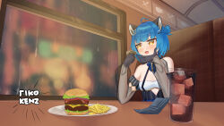 Rule 34 | 1girl, absurdres, animal ears, artist name, blue hair, blush, blush stickers, breasts, burger, cola, commission, flat chest, gloves, hair ornament, hairclip, highres, ice, ice cube, idol corp, money, open mouth, plate, poko rakun, raccoon ears, rain, rikokenz, see-through, see-through sleeves, short hair, small breasts, table, virtual youtuber, wallet, wallpaper, window
