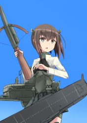 Rule 34 | 10s, 1girl, azu (azusayumix), black skirt, blue background, bow (weapon), brown eyes, brown hair, cowboy shot, crossbow, flight deck, hair between eyes, hakama, hakama short skirt, hakama skirt, headband, japanese clothes, kantai collection, long sleeves, machinery, military, military uniform, open mouth, pleated skirt, short hair, skirt, solo, taihou (kancolle), uniform, weapon