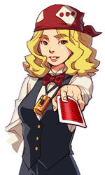Rule 34 | 1girl, ace attorney, apollo justice: ace attorney, bandana, blonde hair, bow, bowtie, camera, capcom, card, female focus, holding, holding card, kobashi, lowres, olga orly, solo, vest, wavy hair