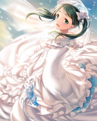 Rule 34 | 10s, 1girl, black hair, dress, earrings, gem, gloves, green eyes, jewelry, kantai collection, long hair, mikuma (kancolle), open mouth, paint musume, pearl (gemstone), smile, solo, twintails, wedding dress