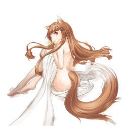 Rule 34 | 00s, 1girl, animal ears, ass, barefoot, bed sheet, brown hair, feet, holo, long hair, looking back, mouth hold, naked sheet, nude, red eyes, shou harukayou koshi, sitting, smile, solo, spice and wolf, tail, wheat, wolf ears, wolf tail