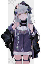 Rule 34 | absurdres, bare shoulders, commission, girls&#039; frontline, highres, hk416 (girls&#039; frontline), hk416 (mod3) (girls&#039; frontline), huge filesize, long hair, off shoulder, official alternate costume, silver hair, skeb commission, solo, teardrop tattoo, very long hair, yellow eyes, yukke-chan