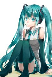 Rule 34 | 1girl, aqua eyes, aqua hair, bad id, bad pixiv id, boots, detached sleeves, hatsune miku, headphones, long hair, looking at viewer, necktie, sayaka (ponkichi), sitting, skirt, solo, thigh boots, thighhighs, twintails, very long hair, vocaloid