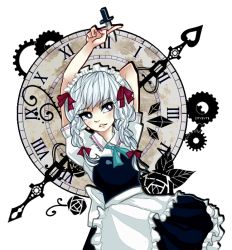 Rule 34 | apron, arms up, ashleyloob, bow, braid, clock, clock hands, dagger, dress, flower, frilled apron, frilled skirt, frills, gears, hair ribbon, holding, holding dagger, holding knife, holding weapon, izayoi sakuya, knife, maid, maid apron, maid headdress, puffy short sleeves, puffy sleeves, ribbon, roman numeral, rose, short sleeves, skirt, touhou, twin braids, weapon, white hair