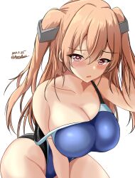 Rule 34 | 1girl, alternate breast size, black one-piece swimsuit, blue one-piece swimsuit, blush, brown eyes, competition swimsuit, covered navel, dated, gloves, highres, impossible clothes, impossible swimsuit, johnston (kancolle), kantai collection, light brown hair, long hair, looking at viewer, montemasa, multicolored clothes, multicolored swimsuit, one-hour drawing challenge, one-piece swimsuit, open mouth, single glove, solo, swimsuit, twitter username, two-tone swimsuit, two side up, white one-piece swimsuit