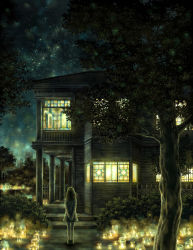 Rule 34 | 1girl, arms behind back, bad id, bad pixiv id, building, candle, facing viewer, from behind, house, jar, kazami (kuroro), lights, night, night sky, original, pillar, scenery, sky, solo, stained glass, standing, star (sky), starry sky, tree, window