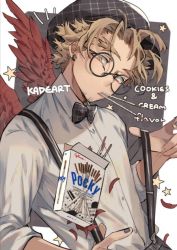 Rule 34 | 1boy, artist name, bad id, bad pixiv id, black background, black bow, black bowtie, black hat, black nails, blonde hair, boku no hero academia, bow, bowtie, collared shirt, dress shirt, earrings, english text, facial hair, falling feathers, feathered wings, feathers, food, glasses, hat, hawks (boku no hero academia), highres, jewelry, kadeart, looking at viewer, male focus, mouth hold, nail polish, pocky, red wings, round eyewear, shirt, short hair, sleeves rolled up, solo, spiked hair, star (symbol), suspenders, suspenders pull, two-tone background, upper body, white background, white shirt, wings, yellow eyes