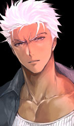 Rule 34 | 1boy, archer (fate), artist name, black background, brown eyes, collared shirt, commentary request, dark skin, dark-skinned male, fate (series), furrowed brow, looking at viewer, makashiki (aarni 0), male focus, official alternate costume, open clothes, open shirt, parted lips, pectorals, portrait, ribbed shirt, shirt, short hair, solo, archer (summer casual) (fate), undershirt, white hair