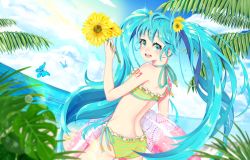 Rule 34 | :d, ass, bad id, bad pixiv id, bare shoulders, bikini, blue butterfly, blue eyes, blue hair, blue sky, bug, butterfly, day, flower, hair flower, hair ornament, hatsune miku, innertube, insect, long hair, looking back, ocean, open mouth, outdoors, palm tree, para sitism, side-tie bikini bottom, sky, smile, solo, striped bikini, striped clothes, swim ring, swimsuit, tattoo, tree, twintails, very long hair, vocaloid