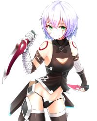 Rule 34 | 1girl, arm belt, armpit peek, bandaged arm, bandages, bare shoulders, belt, belt buckle, black belt, black gloves, black panties, black shirt, black thighhighs, boa sorte, breasts, buckle, closed mouth, contrapposto, covered collarbone, cowboy shot, dagger, dual wielding, facial scar, fate/apocrypha, fate (series), fingerless gloves, gloves, green eyes, groin, hair between eyes, halterneck, highres, holding, holding knife, holding weapon, jack the ripper (fate/apocrypha), knife, looking at viewer, panties, reverse grip, scabbard, scar, scar across eye, scar on cheek, scar on face, sheath, shirt, short hair, shoulder tattoo, simple background, single glove, sleeveless, sleeveless shirt, small breasts, smile, solo, standing, tattoo, thighhighs, turtleneck, underwear, unsheathed, weapon, white background, white hair