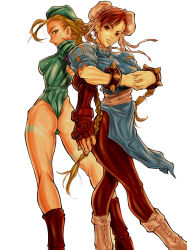 Rule 34 | 1990s (style), 2girls, antenna hair, ass, back-to-back, blonde hair, blue eyes, blue leotard, bodypaint, boots, bracelet, breasts, brown eyes, brown hair, bun cover, cammy white, capcom, china dress, chinese clothes, chun-li, cracking knuckles, double bun, dress, frozforest, garrison cap, hat, jewelry, leotard, looking back, medium breasts, multiple girls, own hands together, palm-fist greeting, pantyhose, pelvic curtain, retro artstyle, ribbed leotard, sash, see-through, see-through legwear, short hair, spiked bracelet, spikes, street fighter, street fighter zero (series), thong leotard