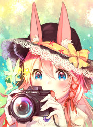 Rule 34 | 2girls, :o, animal ears, bad id, bad pixiv id, black hat, blonde hair, blue eyes, blush, camera, canon (company), ears through headwear, fairy, hair between eyes, hair ribbon, hat, heart, heart-shaped pupils, highres, holding, holding camera, long hair, looking at another, multiple girls, open mouth, original, pierorabu, pink hair, rabbit ears, red ribbon, ribbon, solo focus, sun hat, symbol-shaped pupils, tareme, upper body, wings