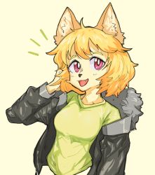 Rule 34 | 1girl, :3, animal ears, black jacket, blonde hair, blush, breasts, collarbone, cropped torso, fangs, female focus, fox ears, fur-trimmed jacket, fur trim, furry, furry female, green shirt, hand up, happy, jacket, light blush, long sleeves, looking to the side, medium breasts, notice lines, off shoulder, open mouth, original, red eyes, shiny clothes, shirt, short hair, simple background, smile, solo, suigi, upper body, yellow background, zipper pull tab
