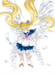 Rule 34 | 1990s (style), 1girl, bishoujo senshi sailor moon, bishoujo senshi sailor moon sailor stars, blonde hair, blue sailor collar, blue skirt, boots, bow, brooch, choker, double bun, earrings, elbow gloves, eternal sailor moon, feathers, gloves, hair bun, heart, heart brooch, jewelry, knee boots, long hair, magical girl, necklace, nefis, pink bow, pretty guardian sailor moon, princess sailor moon, retro artstyle, sailor collar, sailor moon, skirt, solo, tiara, tsukino usagi, twintails, white background, white gloves, wings