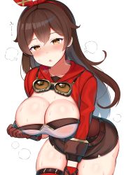 Rule 34 | 1girl, :o, absurdres, alternate breast size, amber (genshin impact), blush, breasts, brown eyes, brown hair, brown shorts, cleavage, clothes pull, commentary request, cowboy shot, crossed bangs, genshin impact, goggles, goggles around neck, highres, jakko, long hair, long sleeves, looking at viewer, parted lips, red thighhighs, short shorts, shorts, solo, sweat, thighhighs, thighs, white background