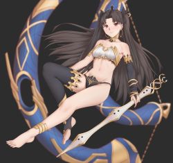 Rule 34 | 1girl, absurdres, anklet, barefoot, black thighhighs, fate/grand order, fate (series), full body, gold trim, grey background, hair intakes, highres, ishtar (fate), jewelry, looking at viewer, red eyes, sarhce, solo, stirrup legwear, thighhighs, thighs, toeless legwear