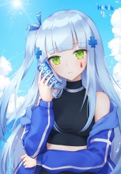 Rule 34 | 1girl, bare shoulders, black shirt, blue jacket, blue ribbon, blue sky, blush, breasts, can, character name, closed mouth, cloud, commentary, day, facial mark, girls&#039; frontline, green eyes, hair ornament, hair ribbon, head tilt, hk416 (girls&#039; frontline), holding, holding can, jacket, long hair, medium breasts, midriff, off shoulder, one side up, open clothes, open jacket, outdoors, pocari sweat, pong (vndn124), ribbon, shirt, silver hair, sky, sleeveless, sleeveless shirt, solo, upper body, very long hair