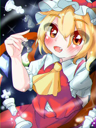 Rule 34 | 1girl, absurdres, ascot, bishop (chess), blonde hair, blush, bow, breasts, broken, brown eyes, chess piece, chromatic aberration, collared shirt, cowboy shot, crystal, dark background, fang, flandre scarlet, frilled sleeves, frills, hair between eyes, happy, hat, hat bow, highres, holding chess piece, king (chess), kkfri 2525, knight (chess), looking at viewer, medium hair, mob cap, multicolored wings, one side up, open mouth, pawn (chess), puffy short sleeves, puffy sleeves, red bow, red skirt, red vest, rook (chess), shirt, short sleeves, skirt, skirt set, small breasts, solo, touhou, vest, white hat, white shirt, wings, yellow ascot