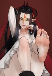 Rule 34 | 1girl, absurdres, arm behind head, barefoot, black hair, feet, foot up, green eyes, highres, horns, long hair, looking at viewer, multicolored hair, parted lips, pointy ears, scathegrapes, smile, soles, streaked hair, thunderbolt fantasy, toes, xing hai