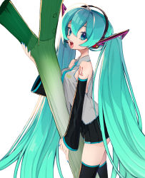 Rule 34 | 1girl, aqua eyes, aqua hair, bare shoulders, blush, breast rest, breasts, detached sleeves, fang, green eyes, green hair, hair ornament, hatsune miku, headphones, highres, long hair, looking at viewer, medium breasts, necktie, open mouth, oversized food, oversized object, skirt, smile, solo, spring onion, thighhighs, twintails, very long hair, vocaloid