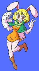Rule 34 | 1girl, animal ears, animal hands, blonde hair, boots, breasts, carrot (one piece), dress, female focus, furry, furry female, gloves, legs, one piece, paw gloves, rabbit ears, short hair, smile, solo, v