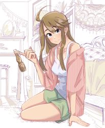 Rule 34 | 1girl, ahoge, anjerain, arm support, blush, brown hair, electric plug, electrical outlet, green shorts, highres, idolmaster, idolmaster million live!, indoors, looking at viewer, monochrome, on floor, shirt, shorts, sitting, smile, solo, spot color, striped clothes, striped shirt, tank top, tokoro megumi, tupet, white tank top, wooden floor, yokozuwari