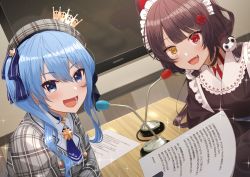 Rule 34 | 2girls, absurdres, ascot, beret, black choker, blue ascot, blue eyes, blue hair, blush, brooch, brown hair, brown kimono, choker, commentary request, crown, fangs, frills, hair ornament, hat, heterochromia, highres, hololive, hoshimachi suisei, hoshimachi suisei (1st costume), indoors, inui toko, inui toko (1st costume), japanese clothes, jewelry, kimono, looking at viewer, maid headdress, microphone, mini crown, multiple girls, nijisanji, open mouth, paper, plaid headwear, red eyes, screen, shima46, star (symbol), star brooch, star in eye, symbol in eye, table, translation request, virtual youtuber, yellow eyes