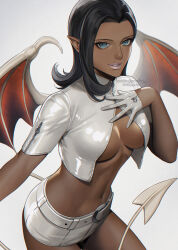 1girl black_hair blue_eyes breasts cleavage commentary cropped_jacket dark-skinned_female dark_skin dated demon_girl demon_tail demon_wings eyelashes gloves half_gloves hand_on_own_chest highres lilim_(megami_tensei) looking_at_viewer medium_breasts medium_hair navel parted_lips pink_lips pointy_ears shin_megami_tensei shiny_clothes shiny_skin smile solo tail twitter_username underboob watermark white_background white_gloves wings yorita_(kick_knock)