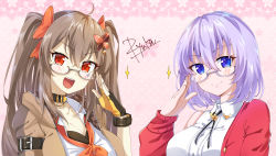 Rule 34 | 2girls, :d, arm belt, black gloves, blue eyes, breasts, brown hair, brown jacket, butterfly hair ornament, choker, cleavage, copyright request, fingerless gloves, glasses, gloves, hair ornament, hand up, highres, indie virtual youtuber, jacket, large breasts, looking at viewer, multiple girls, open mouth, pink background, purple hair, red eyes, red jacket, ryuka, shirt, short hair, smile, twintails, two-tone gloves, upper body, virtual youtuber, white shirt, wristband, yellow gloves