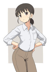 Rule 34 | 1girl, absurdres, breasts, brown eyes, brown hair, brown pants, collared shirt, contrapposto, cowboy shot, ennui orz, hands on own hips, highres, low ponytail, original, pants, shirt, sidelocks, sleeves rolled up, small breasts, solo, sweatdrop, white shirt