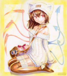 Rule 34 | 1girl, alternate costume, animal hat, asymmetrical wings, bad id, bad pixiv id, beanie, boots, brown hair, casual, cat hat, contemporary, dress, female focus, hat, houjuu nue, mayo riyo, red eyes, solo, sweater, sweater dress, thigh boots, thighhighs, touhou, wings, zettai ryouiki