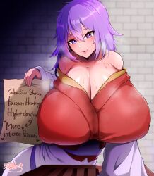 Rule 34 | 1girl, absurdres, after paizuri, arc the lad, bare shoulders, blush, box, breasts, breath, cleavage, cum, cum stain, donation box, english text, female focus, gigantic breasts, highres, holding, holding sign, huge breasts, imminent paizuri, japanese clothes, kukuru (arc the lad), leaning forward, lips, long sleeves, looking at viewer, messy hair, miko, naughty face, paizuri invitation, paper, puffy nipples, purple eyes, purple hair, robe, sash, sign, smile, solo, steam, sweat, wide sleeves, yukichi100yu