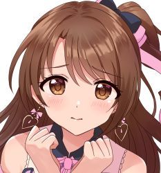 Rule 34 | blush, bow, bowtie, brown eyes, brown hair, clenched hands, close-up, commentary request, dress, earrings, eyelashes, hair bow, hands up, heart, heart earrings, idolmaster, idolmaster cinderella girls, idolmaster cinderella girls starlight stage, jewelry, long hair, looking at viewer, pink bow, pink bowtie, pink dress, sakura ran, shimamura uzuki, side ponytail, solo, strapless, strapless dress, white background