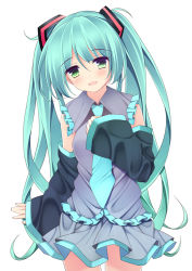 Rule 34 | 1girl, aqua hair, azure (capriccio), blush, detached sleeves, green eyes, hatsune miku, long hair, looking at viewer, necktie, open mouth, skirt, sleeves past wrists, smile, solo, twintails, very long hair, vocaloid