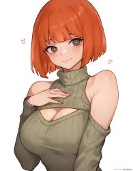 Rule 34 | 1girl, absurdres, alternate breast size, bare shoulders, bluefield, bob cut, breasts, bright pupils, brown eyes, cleavage, cleavage cutout, closed mouth, clothing cutout, commentary, english commentary, green sweater, hand on own chest, heart, highres, large breasts, light blush, long sleeves, looking at viewer, mcdonald&#039;s, mother (yoru mac), mother (yoru mac), orange hair, patreon username, ribbed sweater, short hair, shoulder cutout, simple background, smile, solo, sweater, turtleneck, turtleneck sweater, upper body, white background, white pupils, yoru mac