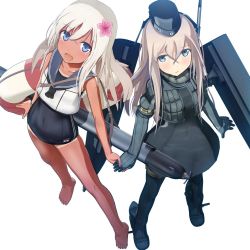 Rule 34 | 2girls, 3d, blonde hair, blue eyes, bodysuit, crop top, cropped jacket, dual persona, flower, full body, garrison cap, hair flower, hair ornament, hat, kantai collection, lifebuoy, long hair, long sleeves, looking at viewer, machinery, military, military uniform, multiple girls, one-piece swimsuit, one-piece tan, pale skin, ponpu-chou, puffy long sleeves, puffy sleeves, ro-500 (kancolle), sailor collar, school swimsuit, simple background, standing, swim ring, swimsuit, swimsuit under clothes, tan, tanline, torpedo, u-511 (kancolle), uniform, white background
