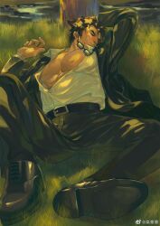 Rule 34 | 1boy, animal ears, bara, bare pectorals, black suit, blush, branch, cat ears, ears down, foreshortening, formal, full body, glasses, grass, highres, large pectorals, le zhang zhang, lying, male focus, muscular, muscular male, nipples, on back, original, pants, partially unbuttoned, pectorals, shirt, shoes, short hair, sideburns, sleeping, solo, suit, sweat, sweaty clothes, wet, wet clothes, wet shirt